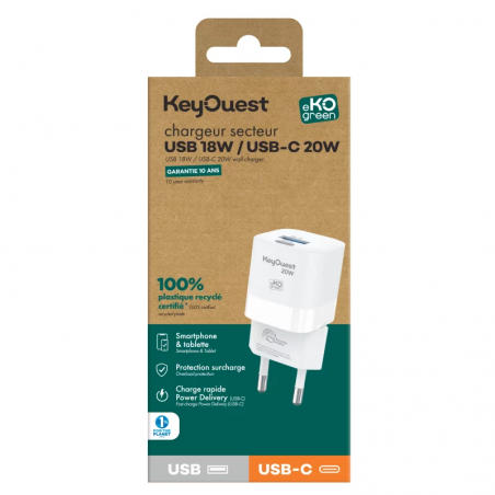 Adaptateur secteur doubles ports USB-A & USB-C KEYOUEST