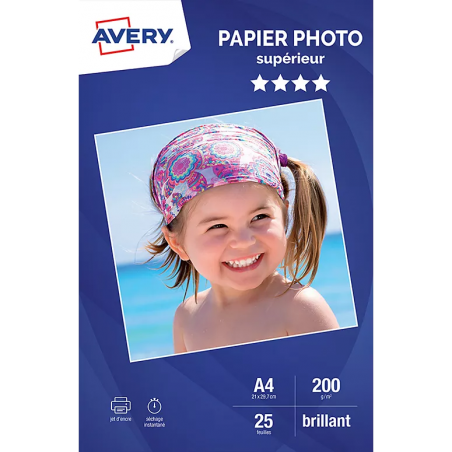 PAPIER PHOTO AVERY - VERSION BRILLANT SUPERIEUR / A4 - PACK DE 25 FEUILLES